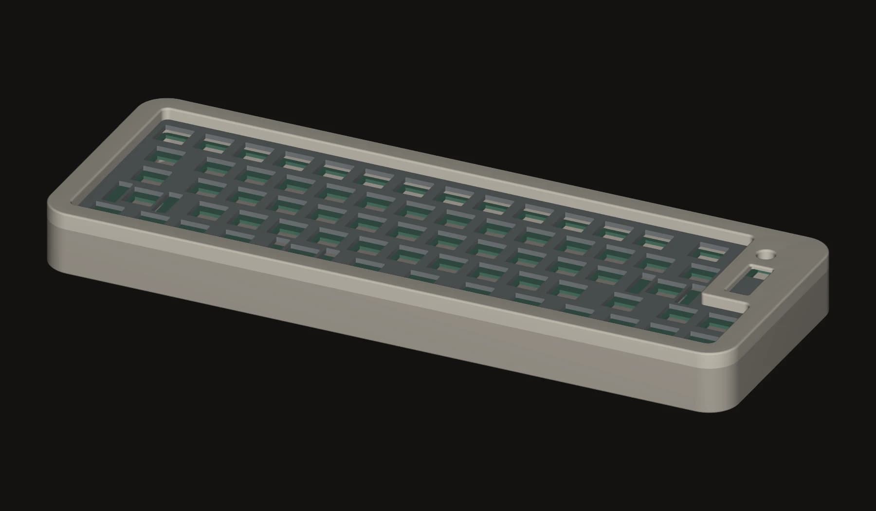 Enclosure assembly from my CAD export, including top, base, switch plate, and PCB reference geometry. Active iteration; display colors are illustrative.